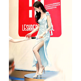 绝美高级感订婚法式party小礼服日常可穿蓝色晨袍新娘女荡领长裙