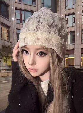 小众复古立体玫瑰花套头帽子女春夏新款白色蕾丝镂空透气包头帽潮