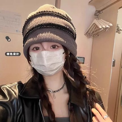 慵懒风高级感保暖针织套头帽子女秋冬大头围显脸小韩版素颜堆堆帽