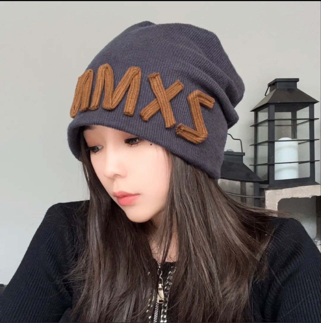 网红字母粗针织堆堆帽显脸小秋冬百搭日系冷帽女抖同款大头围帽子