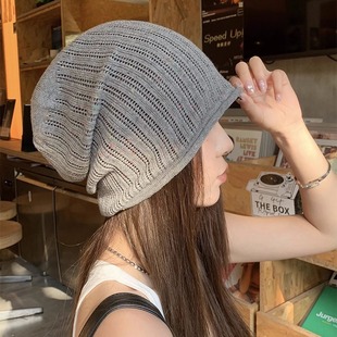 针织条纹薄款 堆堆帽女春夏编织百搭显脸小冷帽宽松大头围套头帽子