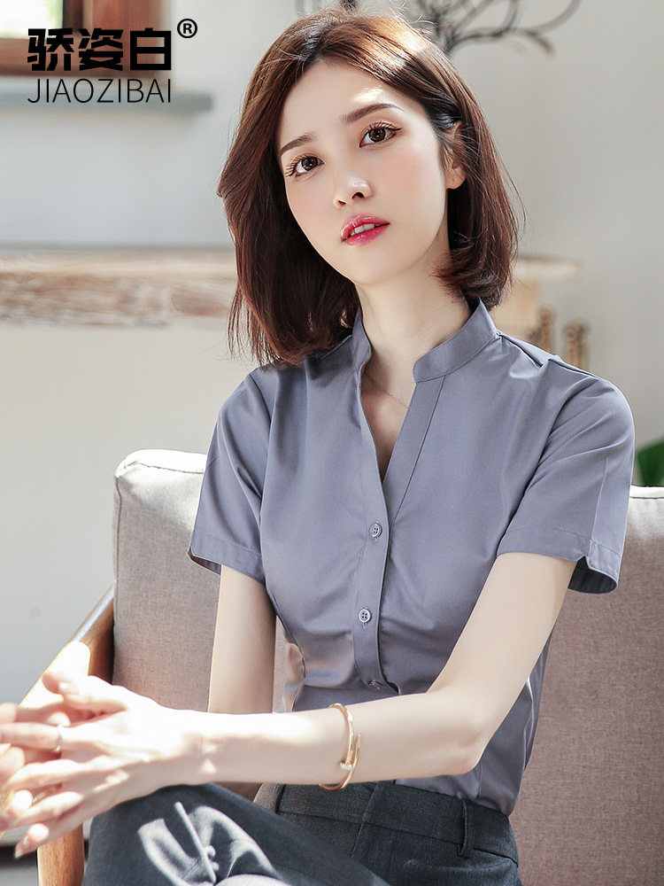 设计感小众V领短袖衬衫女夏职业办公室工作服别致上衣灰工装衬衣