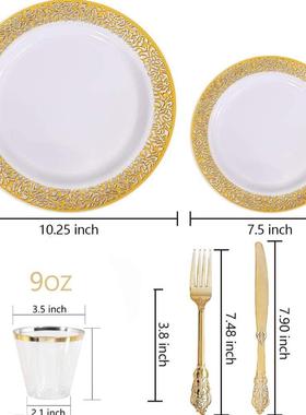 150PCS圆形硬塑料餐盘PS仿瓷西餐玫瑰金白底镂空盘金刀叉勺碟套装