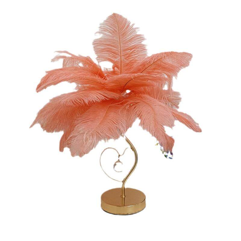 创意驼鸟羽毛台灯金杆心翼水晶灯白色粉色驼鸟毛卧室床头装饰台灯