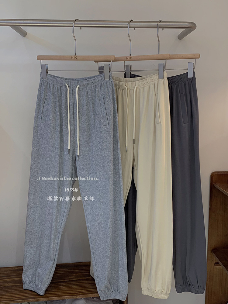 清爽棉薄款抽绳松紧腰休闲裤女春夏防蚊裤女士休闲束脚运动卫裤