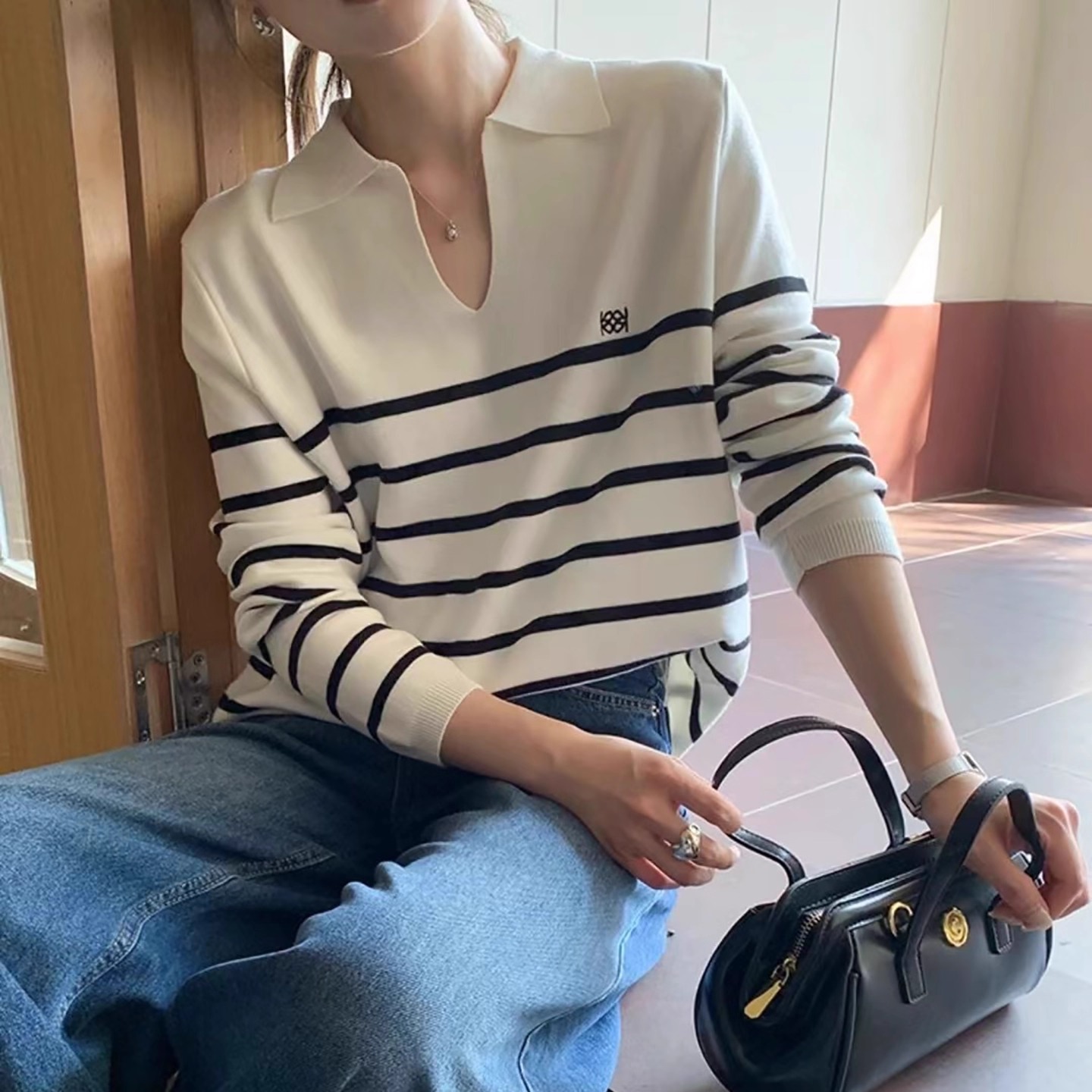 【8月9号新品】长袖针织衫女2025年秋季新款时尚叠穿条纹打底上衣