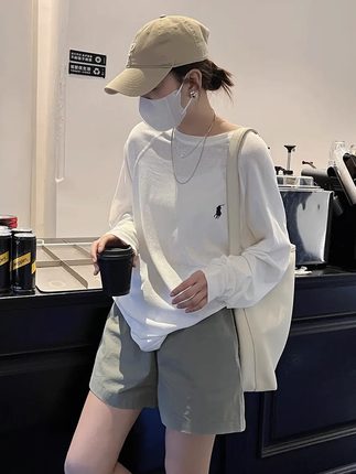 薄款面膜防晒罩衫夏季慵懒风短裤套装宽松休闲白色上衣长袖T恤女
