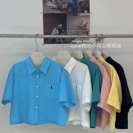 小个子亚麻刺绣短袖衬衫女夏季2025新款衬衣休闲气质百搭短款上衣