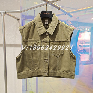 jessyline2024春杰茜莱时尚军绿色短款牛仔马夹外套413109195-399