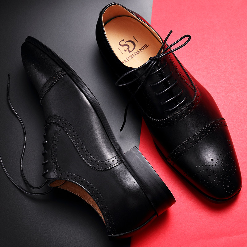 上顿丹尼手工雕花英伦黑皮鞋真皮系带头层牛皮牛津棕色男鞋小码37