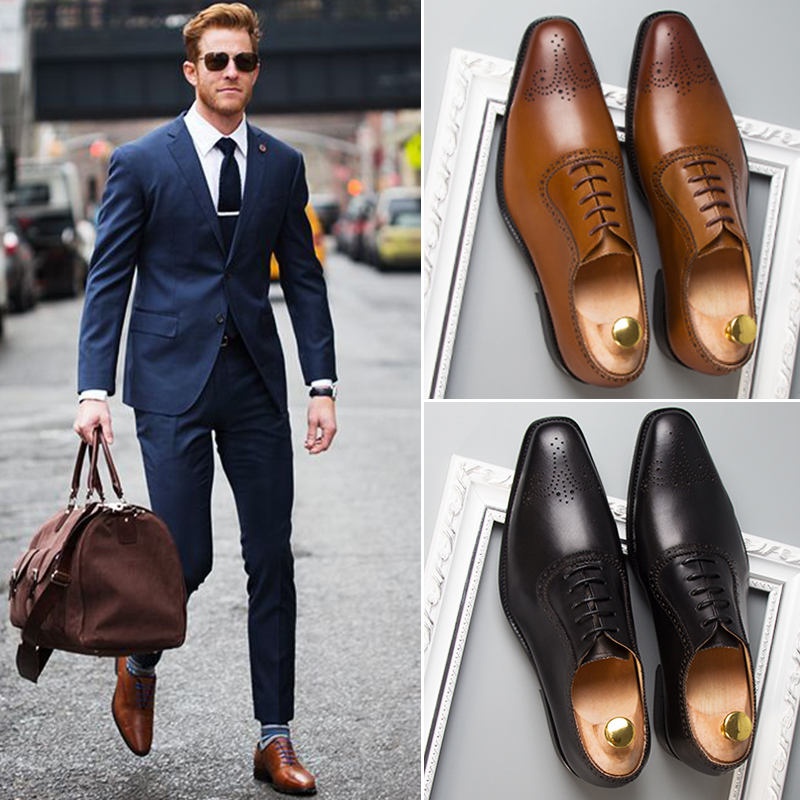 小牛皮！正装方头雕花皮鞋