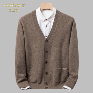 加厚V领开衫100纯牦牛绒衫男士冬季新款高端针织毛衣休闲外套男款