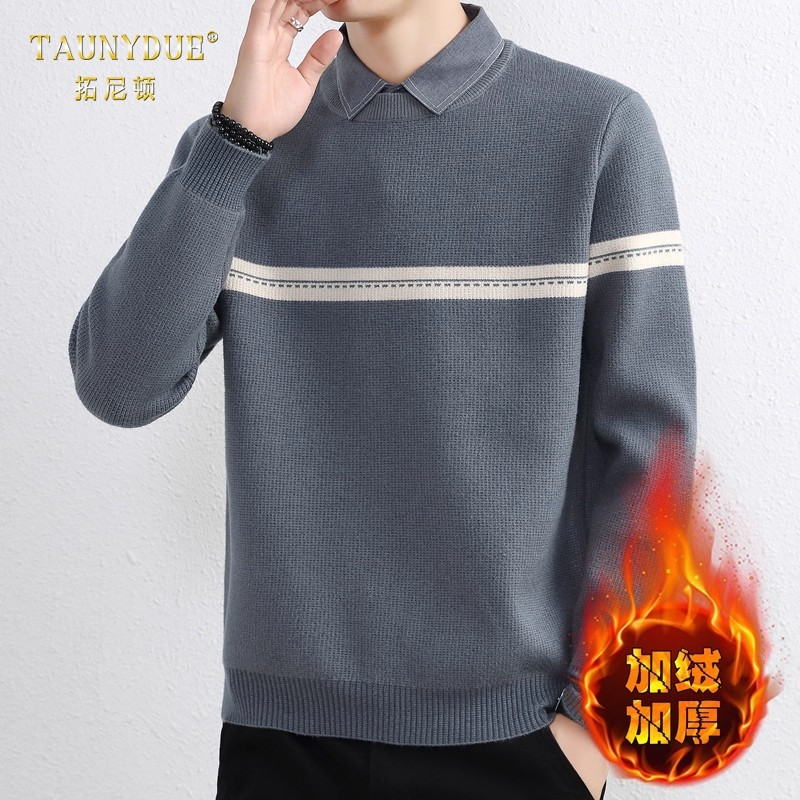 一体绒加绒加厚假两件毛衣男秋冬季新款保暖衬衫领内搭针织衫男款