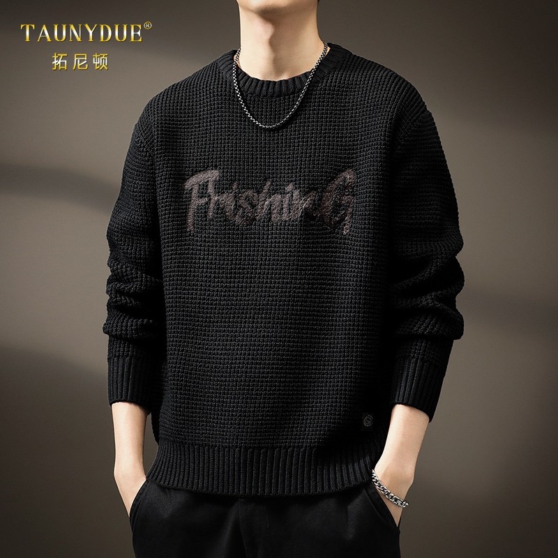 TAUNYDUE圆领粗针菠萝纹毛衣男士