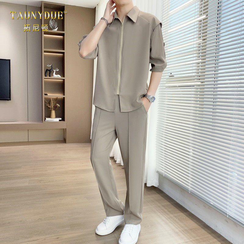 商务休闲轻奢衬衫休闲套装男士春秋时尚百搭搭配西裤男装两件套