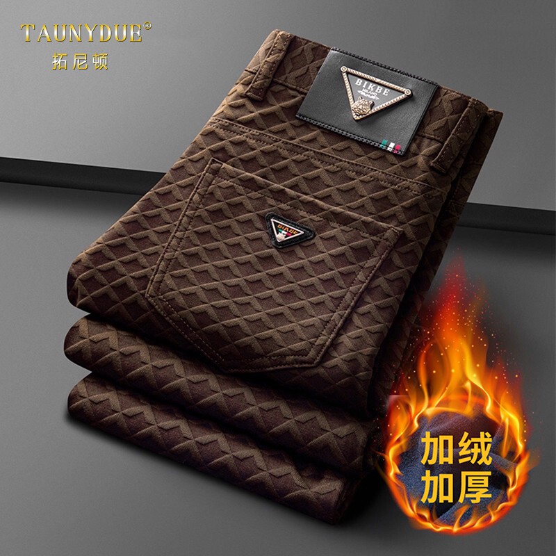 TAUNYDUE加绒加厚休闲裤男士秋冬新款轻奢提花修身直筒长裤子男款