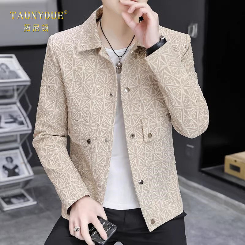 潮流加绒短款风衣外套高端帅气上衣2024春秋男士夹克翻领格子韩版