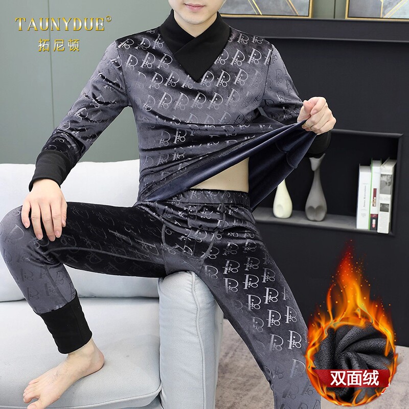 金丝绒V领保暖内衣套装男士冬季加绒加厚打底衫防寒贴身秋衣秋裤