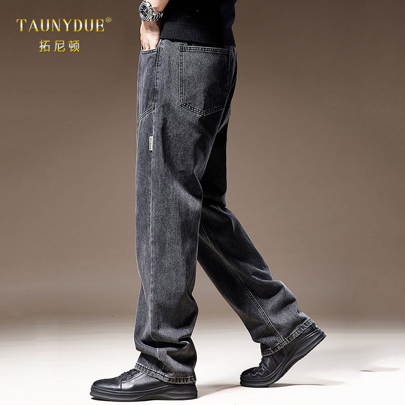 美式潮牌黑色复古拼接水洗牛仔裤男宽松直筒工装休闲阔腿长裤子男