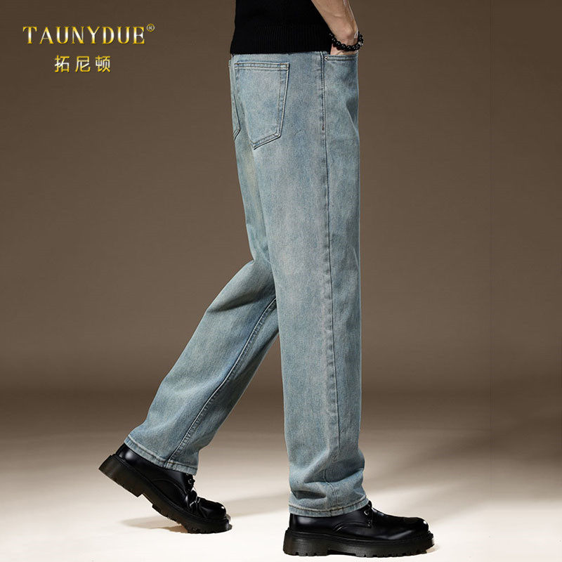 时尚复古垂感浅蓝色牛仔裤男春季直筒宽松阔腿水洗美式高街裤子男