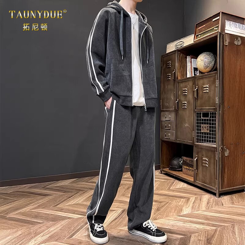 TAUNYDUE高端男士大码运动套装2026春灯芯绒开衫卫衣搭配休闲卫裤