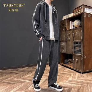 TAUNYDUE高端男士大码运动套装2026春灯芯绒开衫卫衣搭配休闲卫裤