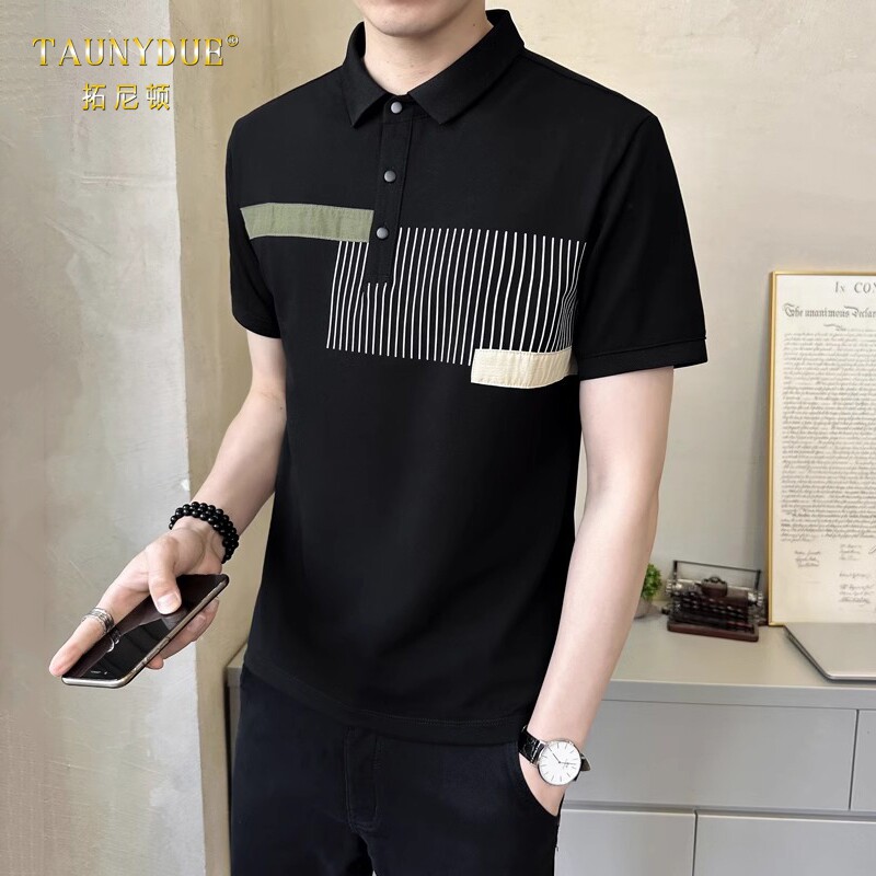 冰丝翻领拼接polo衫男士夏季2025新款短袖T恤潮牌修身半袖男