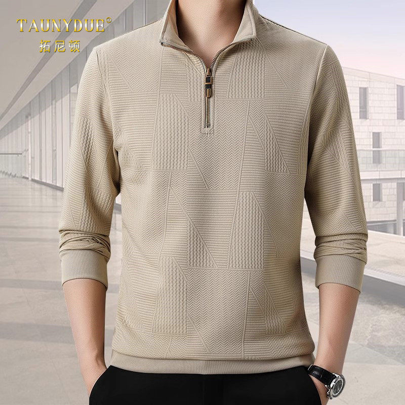 高级感印花宽松打底衫长袖t恤男春秋薄款时尚潮流半高领拉链卫衣