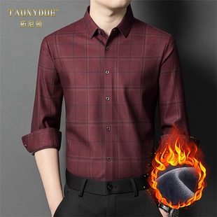 TAUNYDUE加绒加厚格子长袖衬衫男冬保暖宽松休闲中青年衬衣男款