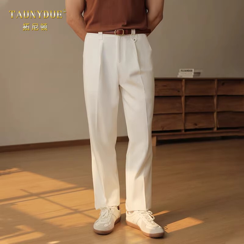 TAUNYDUE高端男士莱赛尔长裤春夏季白色休闲裤百搭商务通勤直筒裤