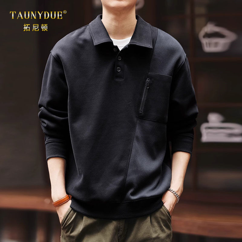 美式复古个性宽松拼接针织Polo衫男士秋冬新款大码长袖设计感卫衣