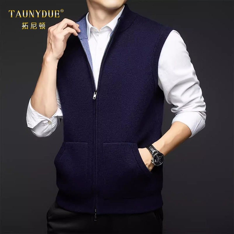 TAUNYDUE 加厚纯山羊绒马甲男冬季立领拉链针织开衫保暖背心外套