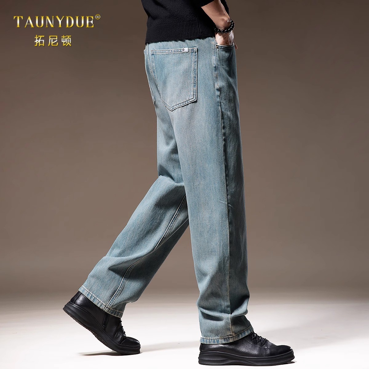 复古宽松直筒石磨水洗牛仔裤男春秋美式浅蓝色休闲阔腿裤子男款