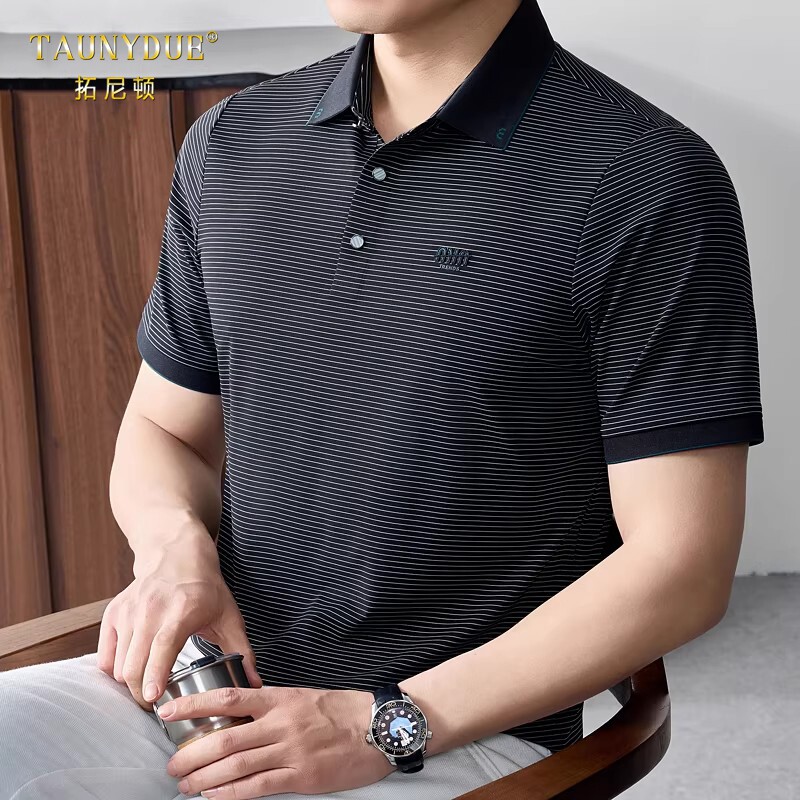 TAUNYDUE条纹翻领冰丝短袖Polo衫男士夏季薄款商务休闲半袖t恤男