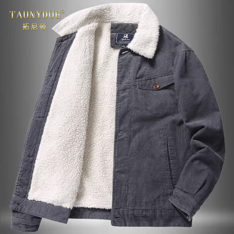 加绒加厚灯芯绒翻领夹克外套秋冬季外套男翻领保暖中年大码休闲
