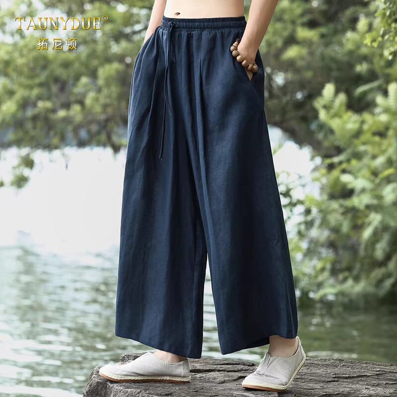 TAUNYDUE中国风亚麻阔腿裤男士夏季唐装汉服宽松薄款复古风男装