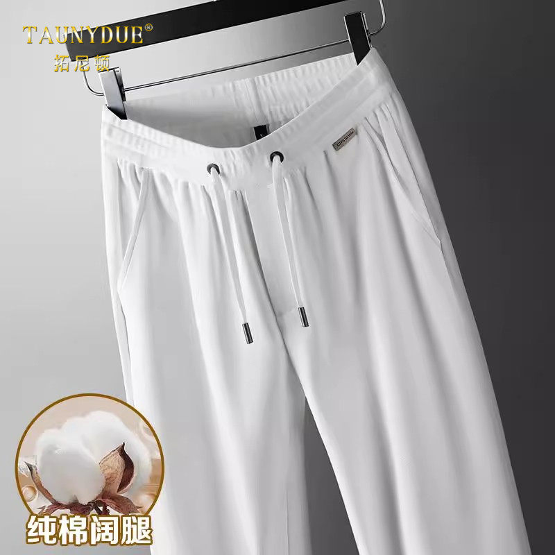 高端纯棉白色阔腿宽松直筒休闲裤男士秋冬季运动裤男爸爸裤子男款