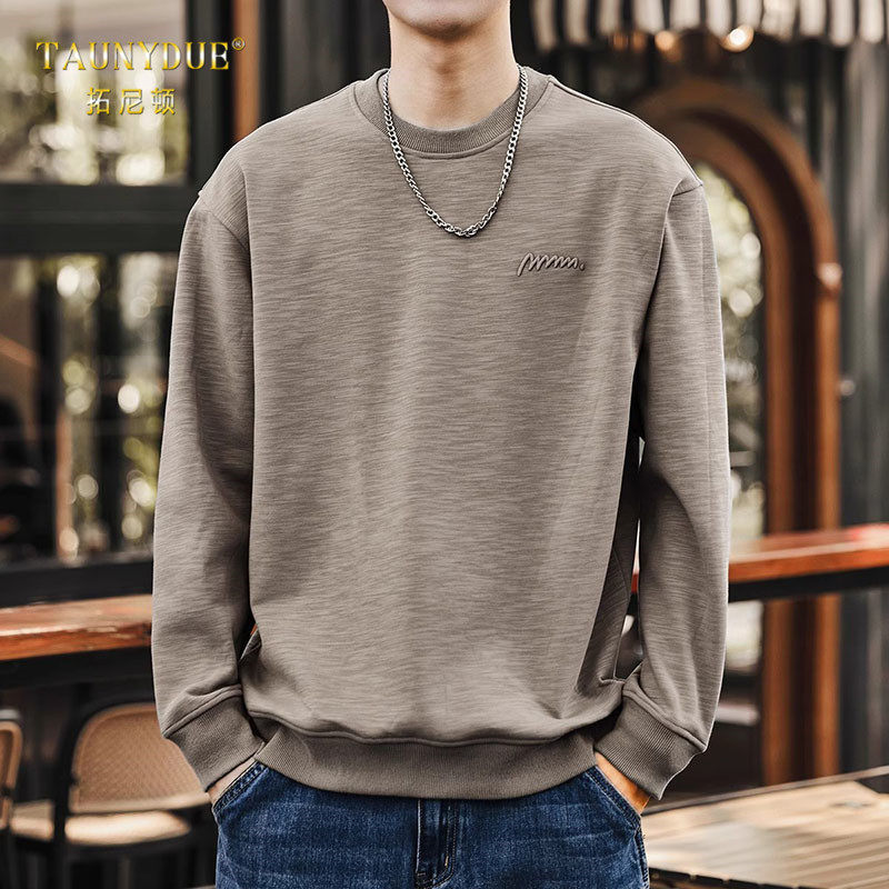 复古刺绣纯棉宽松卫衣男士秋冬季潮牌加绒加厚长袖T恤打底衫男款