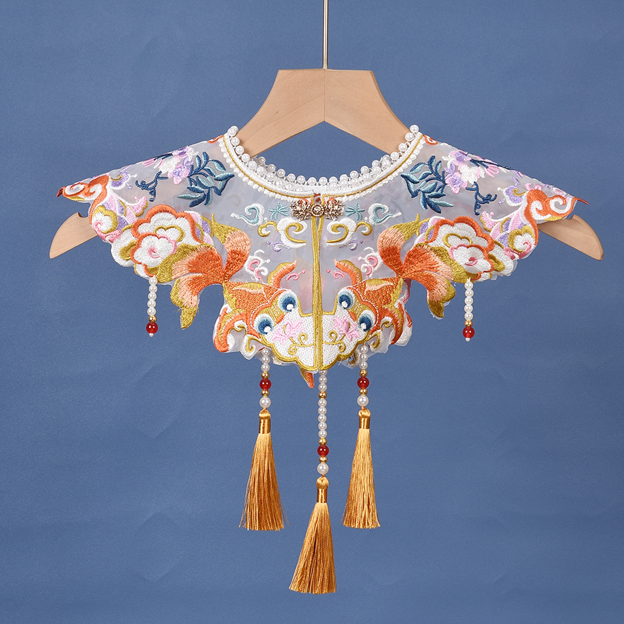 黄色金鱼刺绣婴幼儿亲子云肩周岁古风假衣领男女宝宝儿童披肩外搭