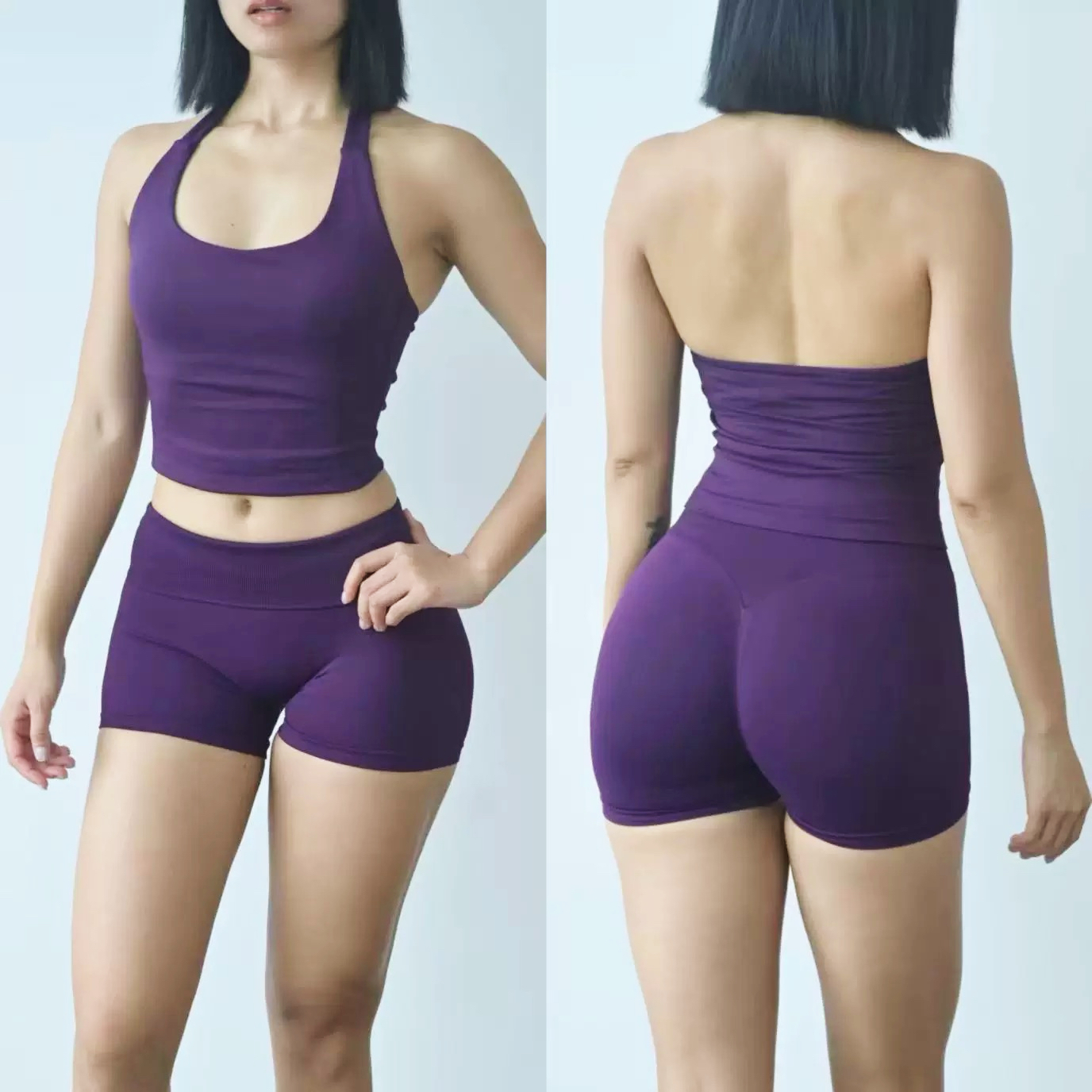 新款挂脖带胸垫运动蜜桃套装