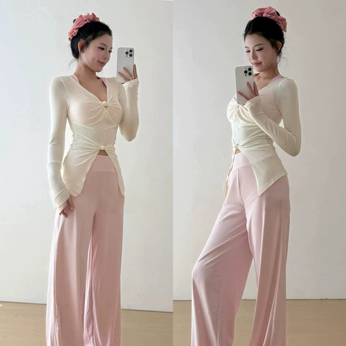 长袖扭结纯欲显瘦健身TV领瑜伽服