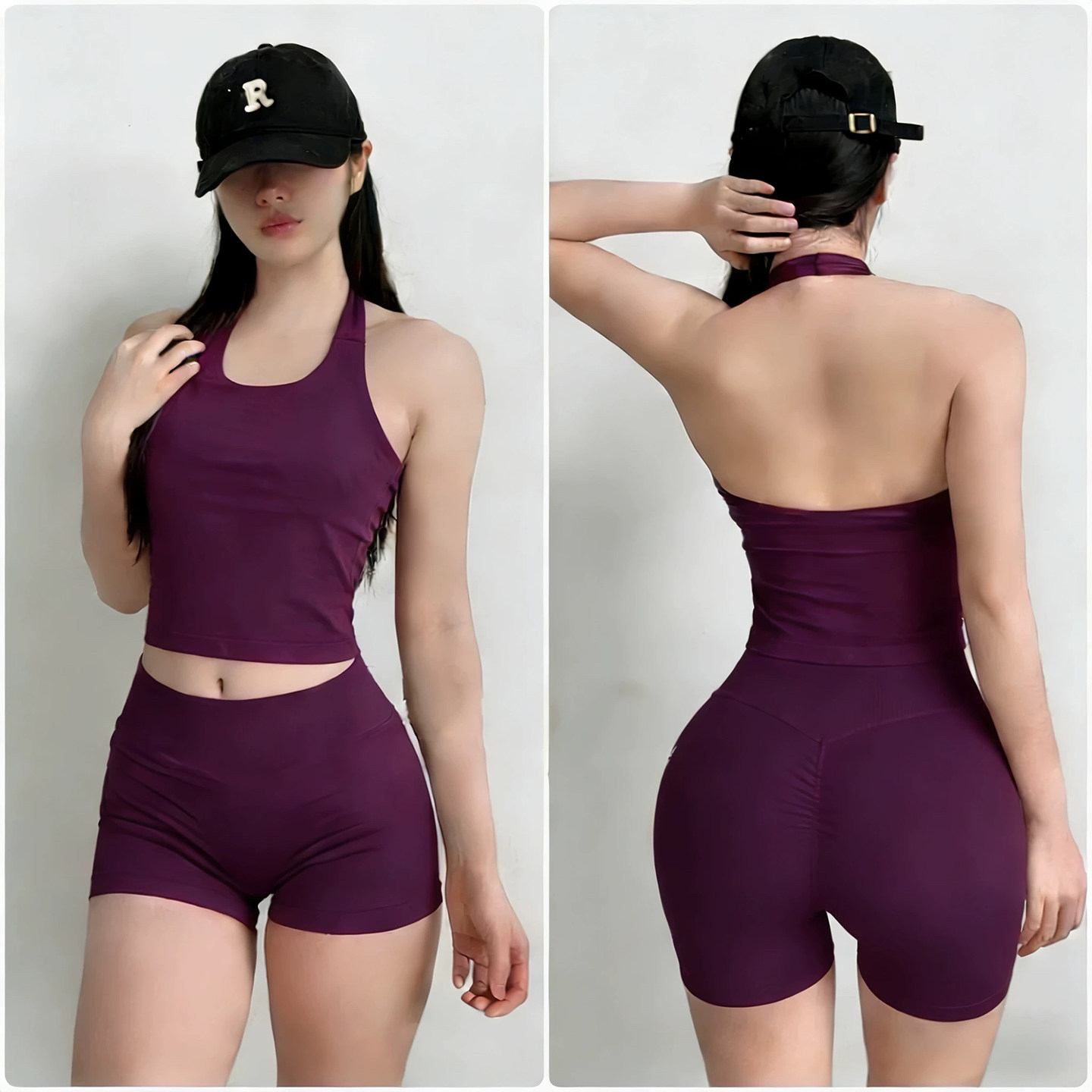 新款挂脖瑜伽服两件套装背心女聚拢运动文胸高腰收腹提臀健身短裤