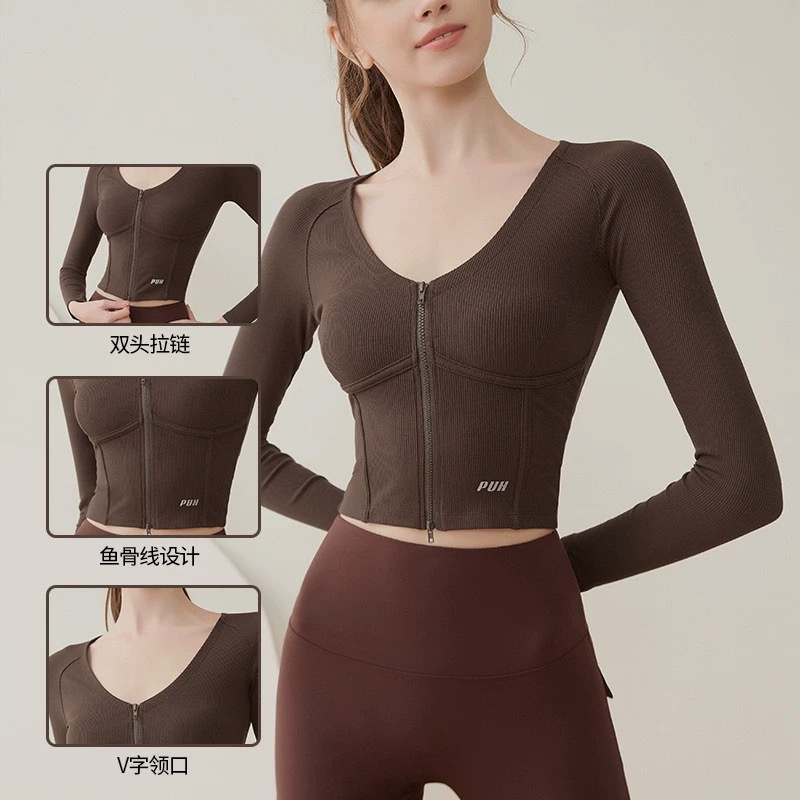 双拉链性感V领运动上衣