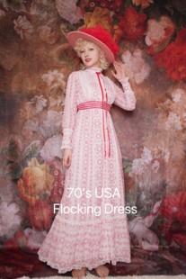 70s Vintage美产复古植绒雪花波点蕾丝边高腰长裙草原迷笛裙孤品