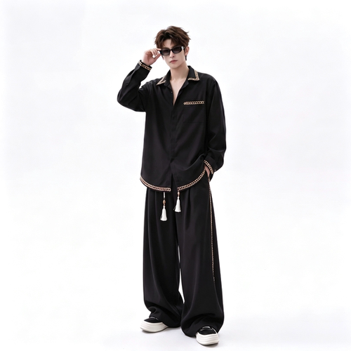 JAVE PASOK秋夏时尚潮流立领衬衫休闲风长袖长裤高级感编织带套装