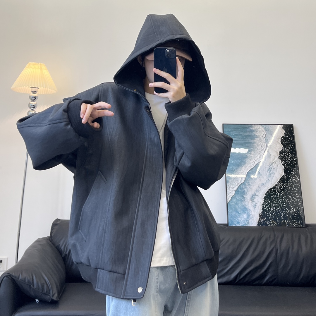 jave pasok美式复古韩版男女同款外套连帽皮夹克潮流痞帅宽松版型