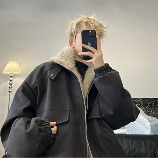 JAVE PASOK美式复古毛领拼接男座山雕皮面加棉加厚保暖棉服短外套