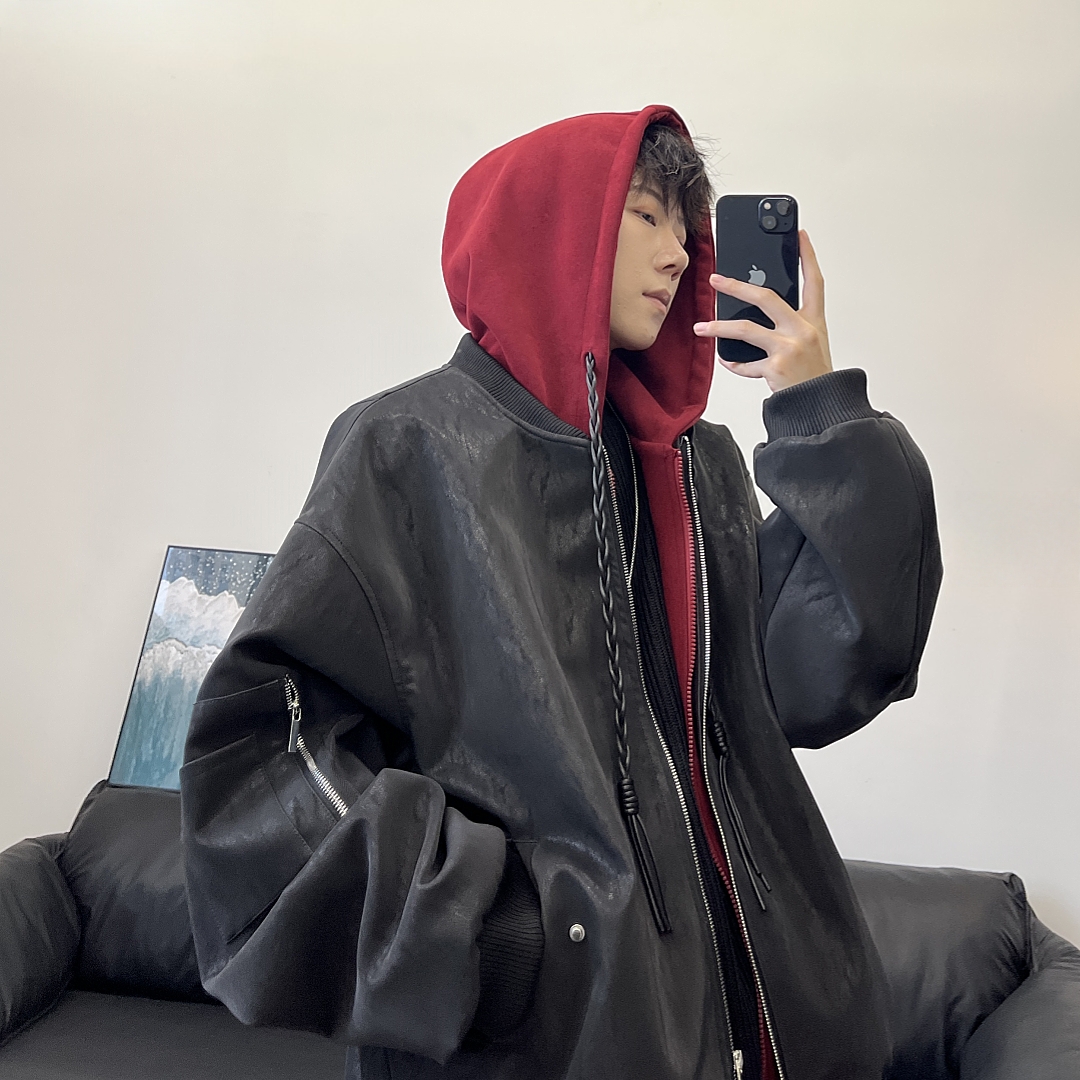 美式潮牌假两件连帽皮衣外套