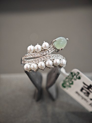 天然缅甸翡翠A货玉戒指贝珠银镶