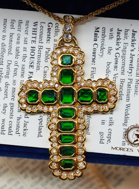 Vintage中古首饰JBK杰奎琳祖母绿色奥地利水晶开背钻十字架项链